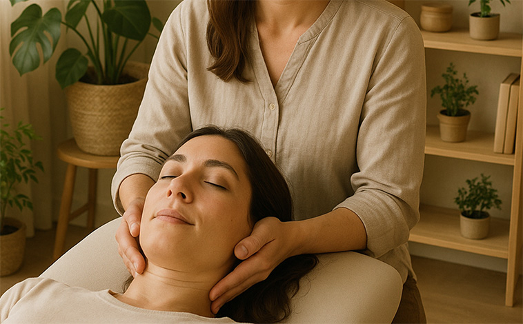 Frau die in Köln bei Osteopathin Heike Katona behandelt wird. KI bearbeitet.  